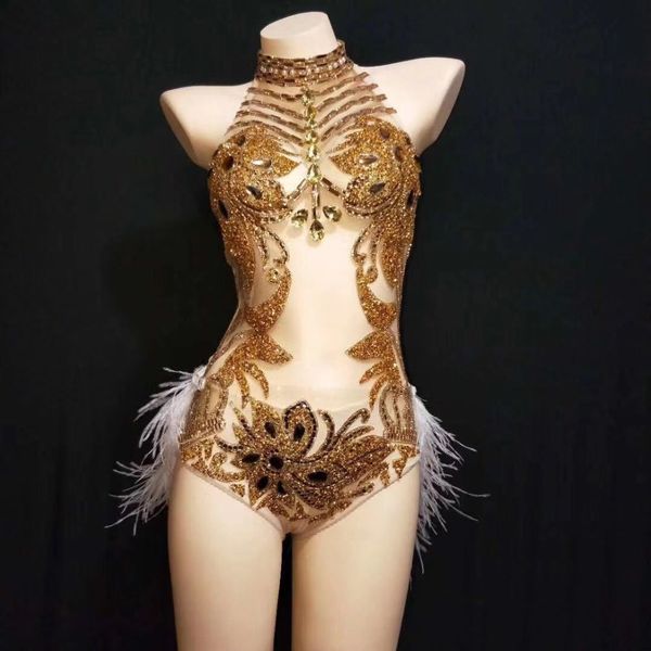2019 new gold party stage wear crystals shining feather bodysuit outfit female modern one piece rhinestone costumes, Black;white
2019 new gold party stage wear crystals shining feather bodysuit outfit female modern one piece rhinestone costumes, Black;white