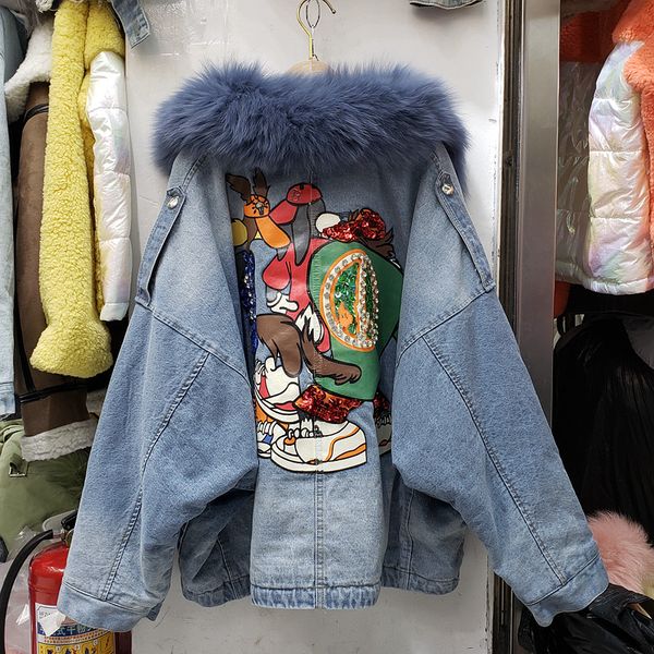 new autumn and winter loose coat women's large fur collar denim cotton padded coat heavy diamond drill print thick parka jackets, Black
new autumn and winter loose coat women's large fur collar denim cotton padded coat heavy diamond drill print thick parka jackets, Black