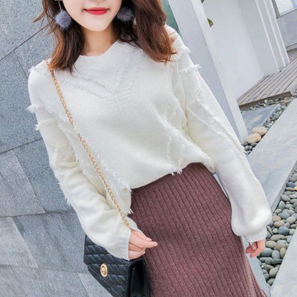 knitted sweater female tassel decoration personality fashion v-neck was thin korean design comfortable autumn new, White;black 
knitted sweater female tassel decoration personality fashion v-neck was thin korean design comfortable autumn new, White;black