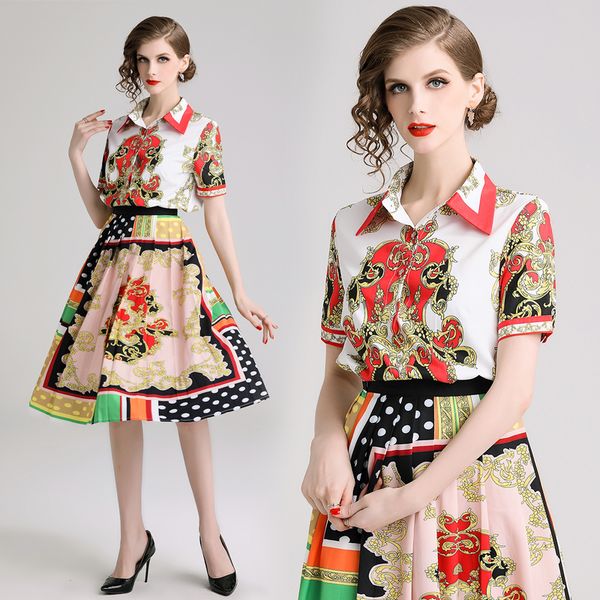 2020 summer runway dress 2 piece set women suits and skirts floral polka dots gold short sleeve blouse + pleated midi skirt, White
2020 summer runway dress 2 piece set women suits and skirts floral polka dots gold short sleeve blouse + pleated midi skirt, White