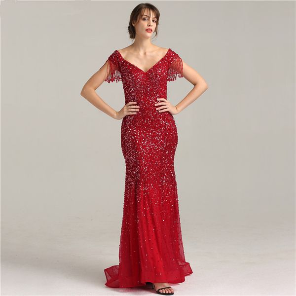 red tulle mermaid prom dresses beads formal evening gowns v neck floor length sequins cap sleeves party dress, Black
red tulle mermaid prom dresses beads formal evening gowns v neck floor length sequins cap sleeves party dress, Black