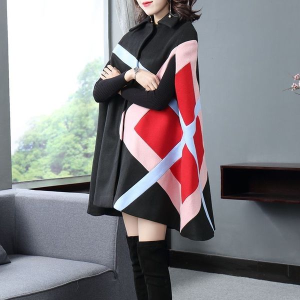 

2020 autumn winter trench coat women mid long cloak shawls batwing sleeve wool blends coat female loose fit plaid outerwear cape, Black