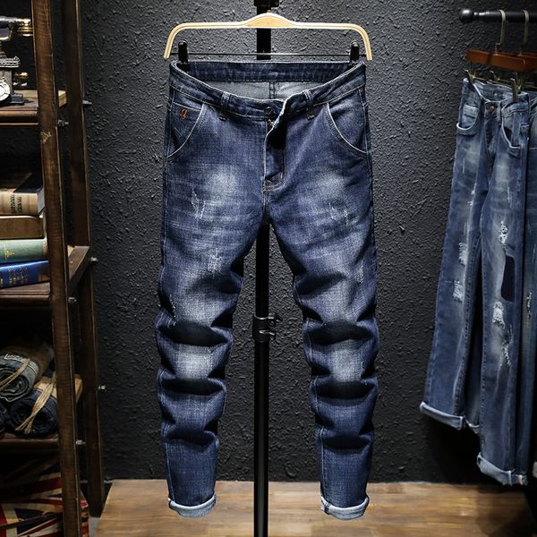 2019 new men's jeans ripped holes pants korean style elasticity casual trousers cool stretch man denim pants spring, Blue