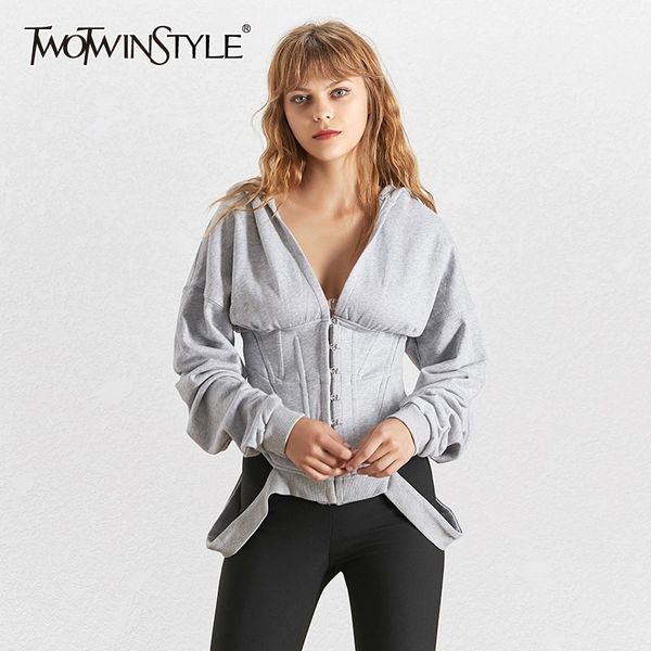 twotwinstyle long sleeve hoodies women slim hook closed v neck sweatshirt female casual clothes 2020 autumn new large sizes, Black 
twotwinstyle long sleeve hoodies women slim hook closed v neck sweatshirt female casual clothes 2020 autumn new large sizes, Black