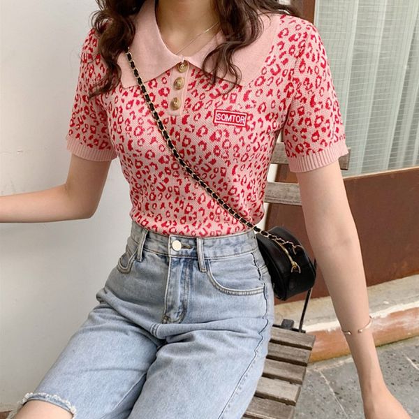 leopard knit blouse women's slim short shirt casual women blouse turn-down collar, White
leopard knit blouse women's slim short shirt casual women blouse turn-down collar, White