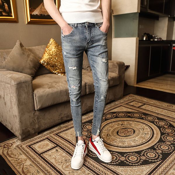 men's jeans korean version of the trend personality hole autumn youth slim feet pants cut rotten, Blue
men's jeans korean version of the trend personality hole autumn youth slim feet pants cut rotten, Blue