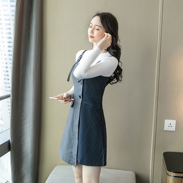 2019 new fashion autumn women's long sleeve white knit + suspender striped patchwork dress ladies 2 pieces set, Black;gray
2019 new fashion autumn women's long sleeve white knit + suspender striped patchwork dress ladies 2 pieces set, Black;gray