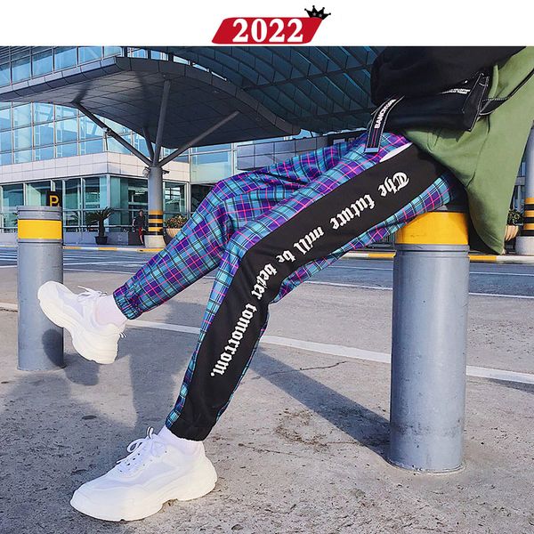 

2022 men streetwear plaid pants joggers 2019 mens patchwork blue sweatpants ankel-length cotton hip hop track pants trousers, Black
