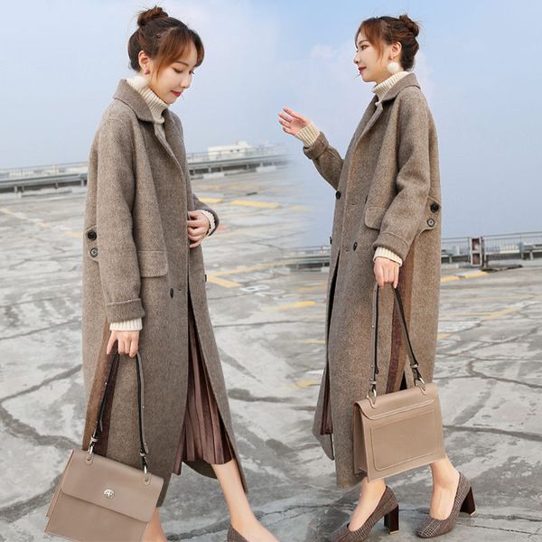 women's wool & blends woolen coat female long section korean 2021 hepburn wind high-end trendy cashmere casacos de inverno feminino f24, Black