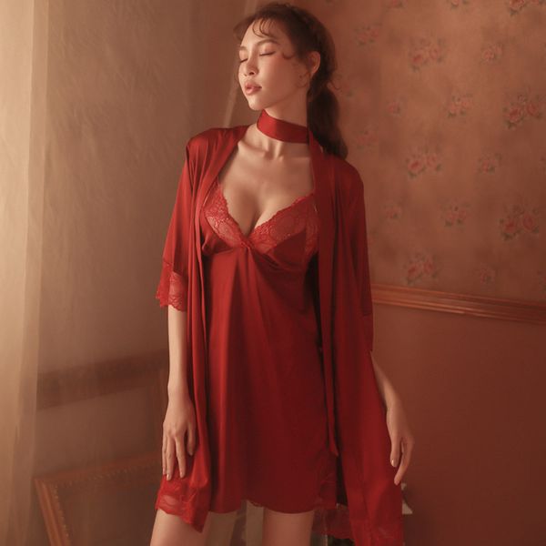 womens robes sleepwear halter robe and nightdress lounge set sleepwear two-piece suit lingerie mini dress robe set, Black;red
womens robes sleepwear halter robe and nightdress lounge set sleepwear two-piece suit lingerie mini dress robe set, Black;red