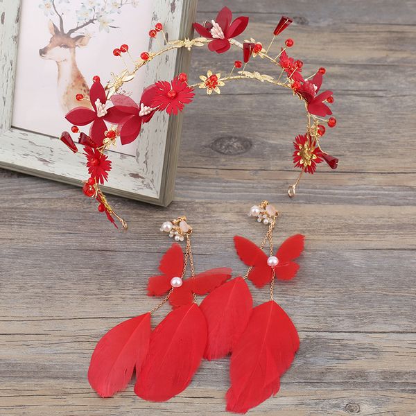 red feather hairbands earrings sets headdress handmade headpiece headband bride hair accessories, Golden;white
red feather hairbands earrings sets headdress handmade headpiece headband bride hair accessories, Golden;white