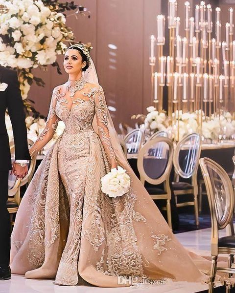 vintage long sleeves lace mermaid wedding dresses high neck applique beaded over skirt sweep train arabic bridal gowns, White
vintage long sleeves lace mermaid wedding dresses high neck applique beaded over skirt sweep train arabic bridal gowns, White