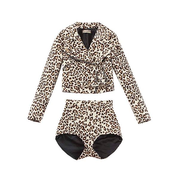 

le palais vintage limited edition wool blend leopard suits moto biker short jacket and slim high rise shorts 2 pieces suits, Black