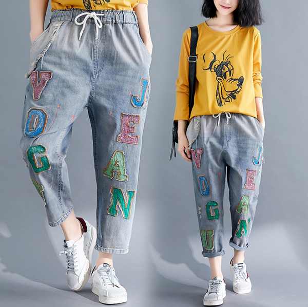 2020 women's jeans large size retro gray elastic band letters stitching nine points women's jeans trousers harem pants, Blue
2020 women's jeans large size retro gray elastic band letters stitching nine points women's jeans trousers harem pants, Blue
