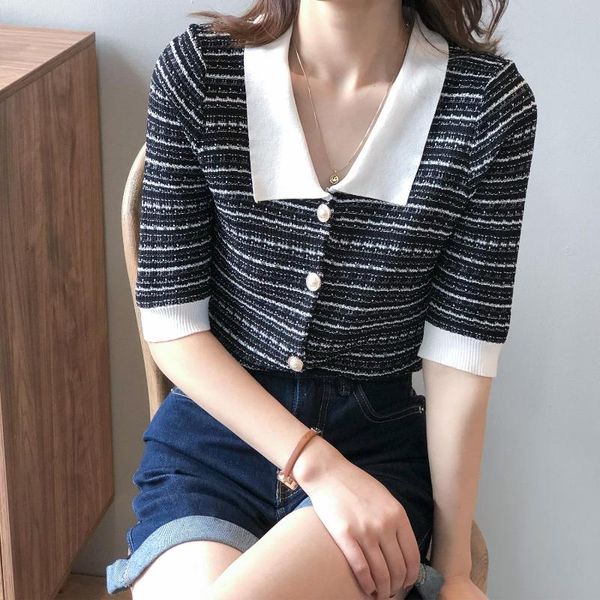 women's 2020 summer new french style fragrant knitted shirt korean version doll collar striped top, White
women's 2020 summer new french style fragrant knitted shirt korean version doll collar striped top, White