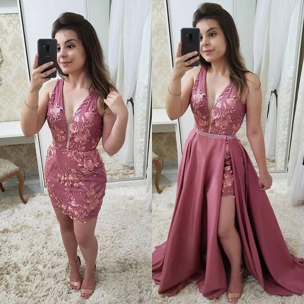 two in one sheath prom dresses with detachable train v neck appliques 3d floral applique mini dress cocktail prom gowns evening gowns, Black
two in one sheath prom dresses with detachable train v neck appliques 3d floral applique mini dress cocktail prom gowns evening gowns, Black