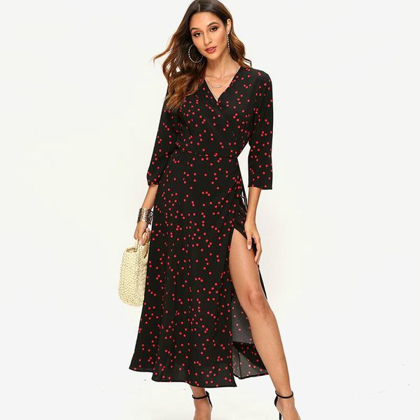 

February Brand Designer Aachoae Women Polka Dot Long Dress Boho Sexy V Neck Dress Three Quarter Sleeve Casual Bandage Wrap Dresses