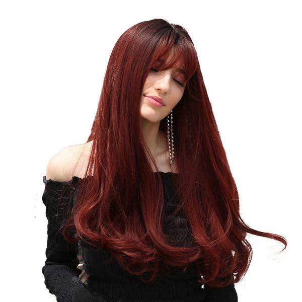 26'' women long straight wavy wig resistant synthetic wig w/ neat bangs, Black
26'' women long straight wavy wig resistant synthetic wig w/ neat bangs, Black