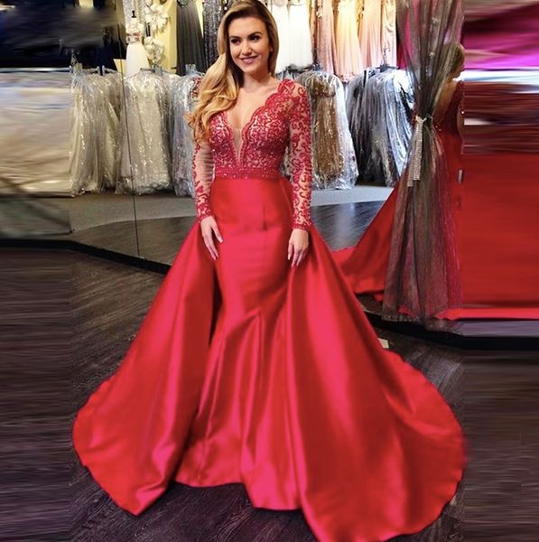 v-neck red evening dresses long sleeve mermaid dress sweep train elastic satin prom dresses beading lace evening gowns plus size, Black;red
v-neck red evening dresses long sleeve mermaid dress sweep train elastic satin prom dresses beading lace evening gowns plus size, Black;red
