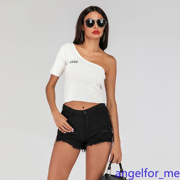 summer slanted collars, off-the-shoulder t-shirts, slim fit and fashion versatile knit embroidered, White 
summer slanted collars, off-the-shoulder t-shirts, slim fit and fashion versatile knit embroidered, White