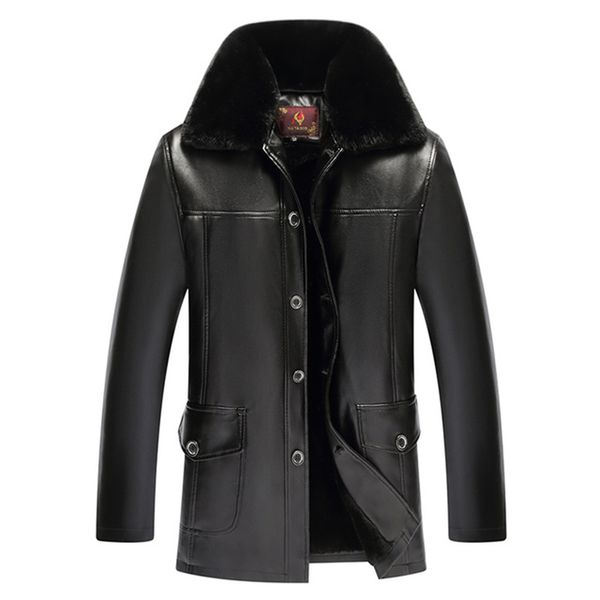 

xiu luo 4xl winter long fur men jacket pu leather 2019 autumn fleece parka warm thick snow varsity coat male outerwear overcoat, Black