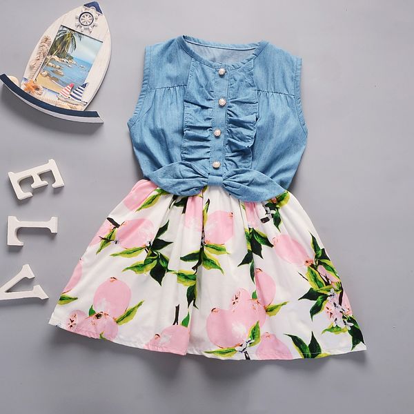 2018 new summer girls cotton flower sleeveless denim dress lemon print fashion beach princess dresses girls' clothes, Red;yellow
2018 new summer girls cotton flower sleeveless denim dress lemon print fashion beach princess dresses girls' clothes, Red;yellow