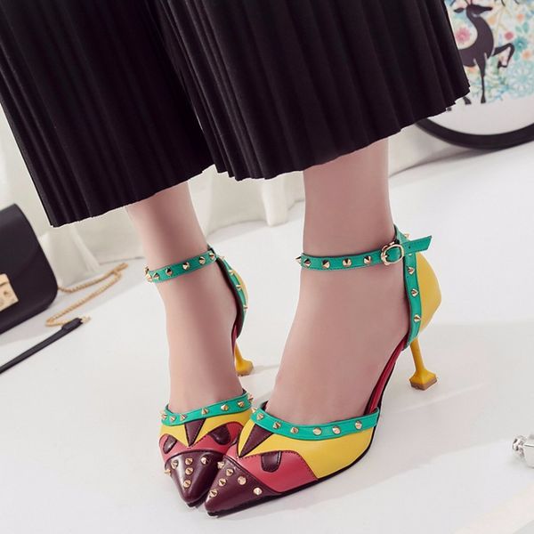 summer 2019 new women sandals hhigh-heel shoes rivet shallow mixed colors pointed toe fashion pointed fine with wild sandals, Black 
summer 2019 new women sandals hhigh-heel shoes rivet shallow mixed colors pointed toe fashion pointed fine with wild sandals, Black