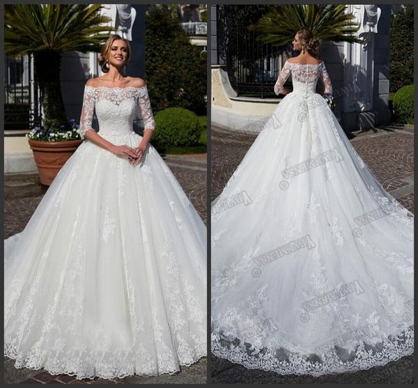 2019 new arrival ball gown white lace appliques wedding dress off the shoulder 3/4 sleeve modest wedding gowns selling 2019
2019 new arrival ball gown white lace appliques wedding dress off the shoulder 3/4 sleeve modest wedding gowns selling 2019