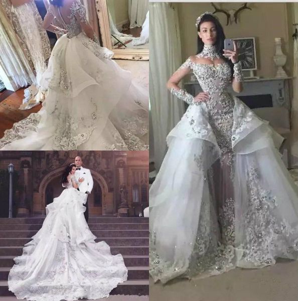 luxury crystal wedding dresses with detachable skirt high neck long sleeves beaded applique wedding gowns court train bridal dress, White
luxury crystal wedding dresses with detachable skirt high neck long sleeves beaded applique wedding gowns court train bridal dress, White