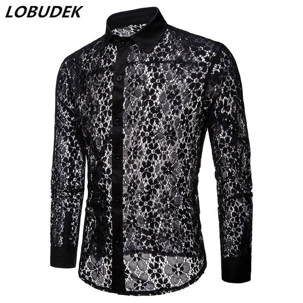 men's dress shirts nightclub bar singer stage transparent black white lace shirt men long sleeve lapel tuxedo see-through costume, White;black
men's dress shirts nightclub bar singer stage transparent black white lace shirt men long sleeve lapel tuxedo see-through costume, White;black
