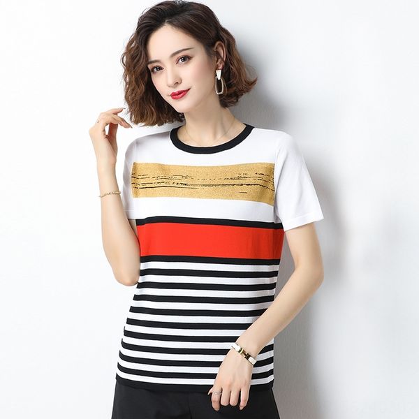 women's 2020 summer clothes round collar clothes t-shirt clothing color matching striped ice silk short sleeve light casual t-shirt wom, White
women's 2020 summer clothes round collar clothes t-shirt clothing color matching striped ice silk short sleeve light casual t-shirt wom, White