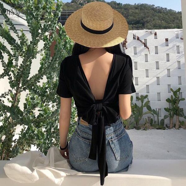 spring summer new style women t shirt solid color short sleeve tie women tees backless women t shirt, White
spring summer new style women t shirt solid color short sleeve tie women tees backless women t shirt, White