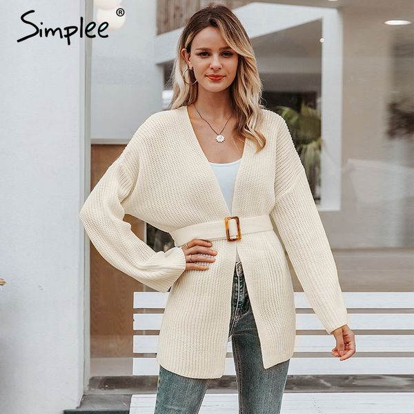 

women's knits & tees simplee sash belt women knitted cardigans casual flare sleeve autumn female cardigan sweater loose v neck ladies w, White