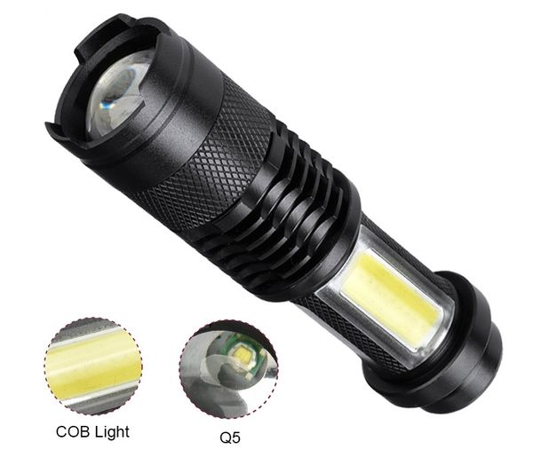 

portable q5 +cob mini led flashlight 3800lm zoom led torch penlight use aa 14500 battery waterproof lighting lantern