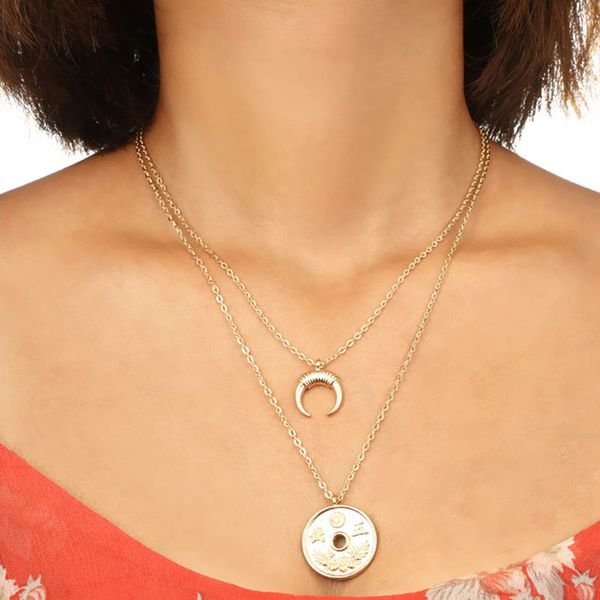 vintage double layer ox horn crescent moon round coin pendant necklaces for women gold chain clavicle necklace jewelry kolye yn49, Silver
vintage double layer ox horn crescent moon round coin pendant necklaces for women gold chain clavicle necklace jewelry kolye yn49, Silver