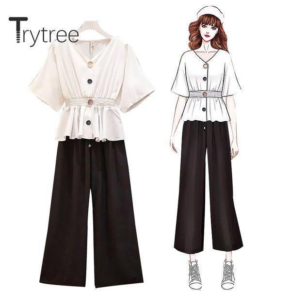 trytree 2020 summer women casual two piece set v-neck loose button + pants wide leg pants solid drawstring set 2 piece, White
trytree 2020 summer women casual two piece set v-neck loose button + pants wide leg pants solid drawstring set 2 piece, White
