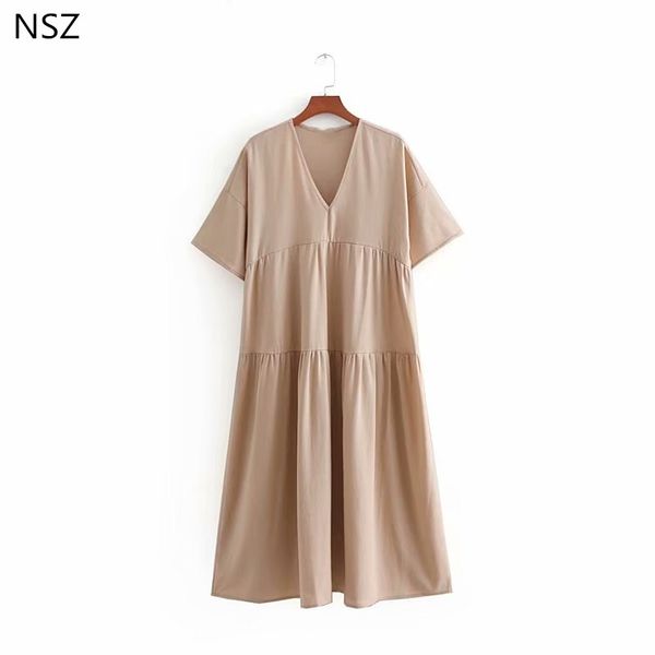 nsz women cotton linen casual dress loose v neck solid short sleeve pleated midi dress, White;black
nsz women cotton linen casual dress loose v neck solid short sleeve pleated midi dress, White;black