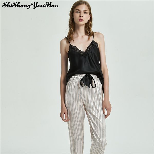 summer casual spaghetti strap nightwear 2019 women elegant contrast lace cami and striped drawstring pants pajama sets sleepwear, Black;red
summer casual spaghetti strap nightwear 2019 women elegant contrast lace cami and striped drawstring pants pajama sets sleepwear, Black;red