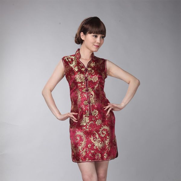 

elegant chinese style women cheongsam mini high slit flower qipao vintage handmade button vestidos mandarin collar dress, Red