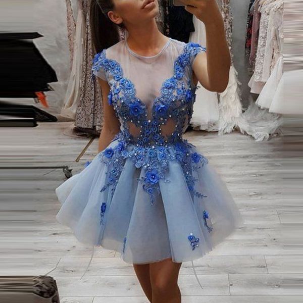 charming illusion blue lace appliques homecoming dress hand made flowers beads organza cap sleeve short mini prom dresses, Blue;pink
charming illusion blue lace appliques homecoming dress hand made flowers beads organza cap sleeve short mini prom dresses, Blue;pink