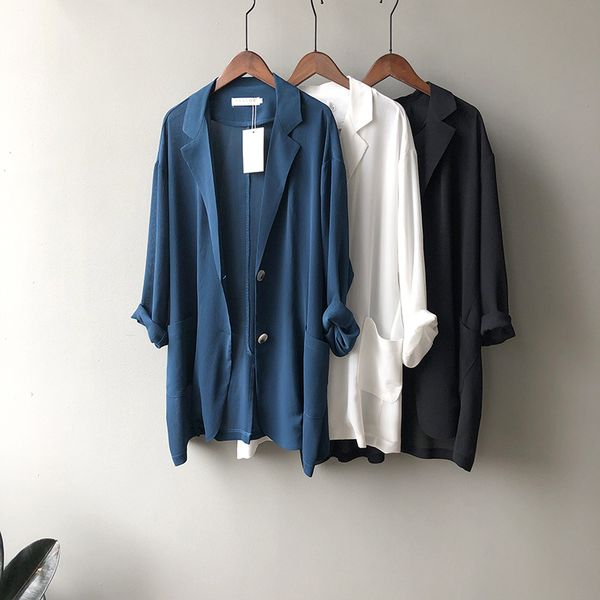 thin chiffon blazers jacket office lady summer loose casual suits coat fashion women's solid work blazer silky suit jackets, White;black 
thin chiffon blazers jacket office lady summer loose casual suits coat fashion women's solid work blazer silky suit jackets, White;black