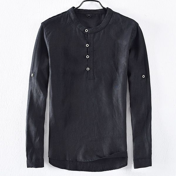 2019 autumn new men's pure linen long sleeve shirt cover stand collar half high buckle linen shirt 9025, White;black
2019 autumn new men's pure linen long sleeve shirt cover stand collar half high buckle linen shirt 9025, White;black