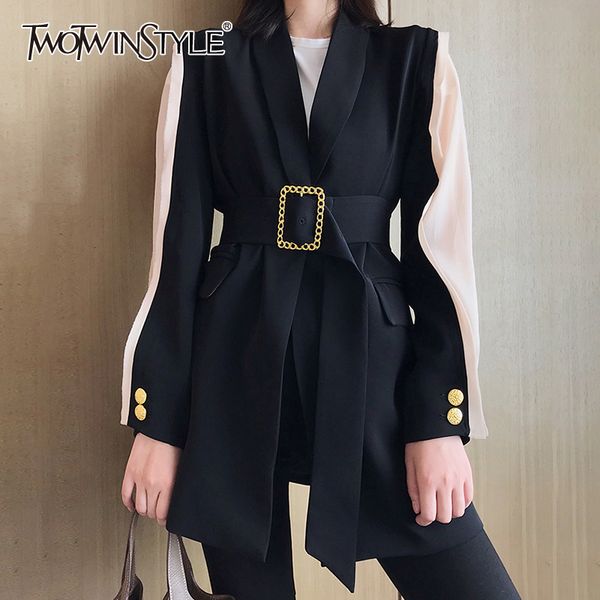 twotwinstyle elegant women's blazer v neck hit color patchwork sleeve tunic lace up autumn long blazers female 2019 fashion, White;black
twotwinstyle elegant women's blazer v neck hit color patchwork sleeve tunic lace up autumn long blazers female 2019 fashion, White;black