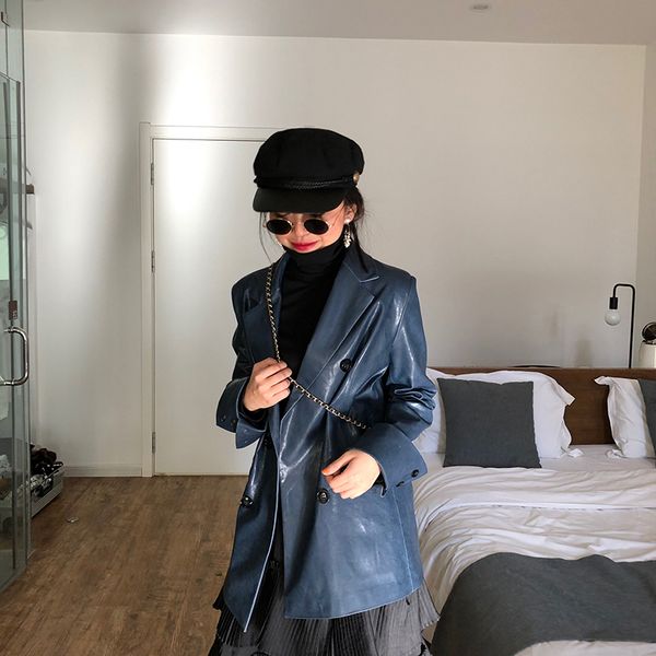 women's leather & faux dark blue pu suit for women autumn and winter 2021 punk navy jacket double breasted turn-down collar, Black
women's leather & faux dark blue pu suit for women autumn and winter 2021 punk navy jacket double breasted turn-down collar, Black