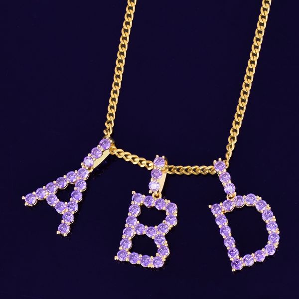 new ice out purple zircon tennis letters pendant necklaces for men/women gold silver fashiom hip hop jewelry with rope chain
