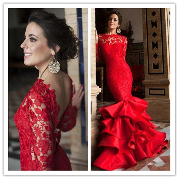 2020 red mermaid backless evening dresses wear lace backless tiered ruffles bateau illusion sweep train prom dress party gowns custom, Black