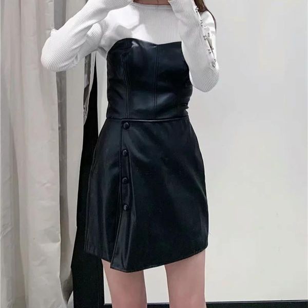 women solid strapless pu leather rompers slash neck buttons short faux leather jumpsuits loose solid overalls, Black;white
women solid strapless pu leather rompers slash neck buttons short faux leather jumpsuits loose solid overalls, Black;white