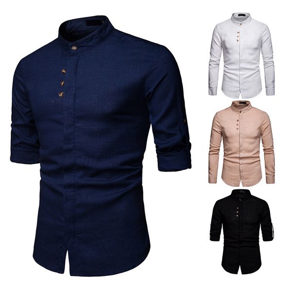 men business leisure linen long sleeve shirt stand collar button mens dress shirts, White;black
men business leisure linen long sleeve shirt stand collar button mens dress shirts, White;black