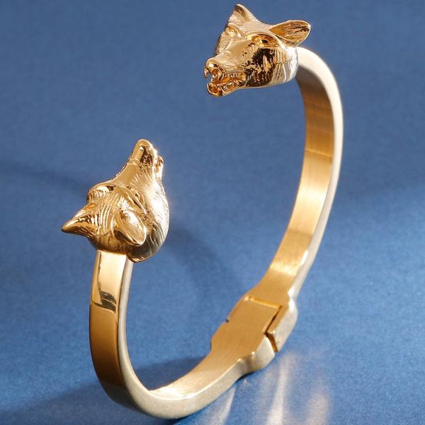 vintage double wolf heads cuff bracelets open bangle for men polished gold color stainless steel mens jewellery gifts for him, Black
vintage double wolf heads cuff bracelets open bangle for men polished gold color stainless steel mens jewellery gifts for him, Black