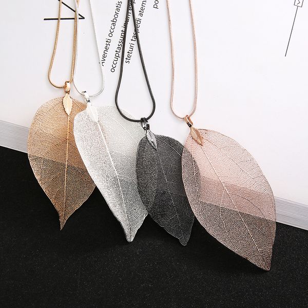 

Womens Fashion Long Chain Natural Leaf Pendant Necklace Gold/Silver/Black Plated Sweater Necklaces